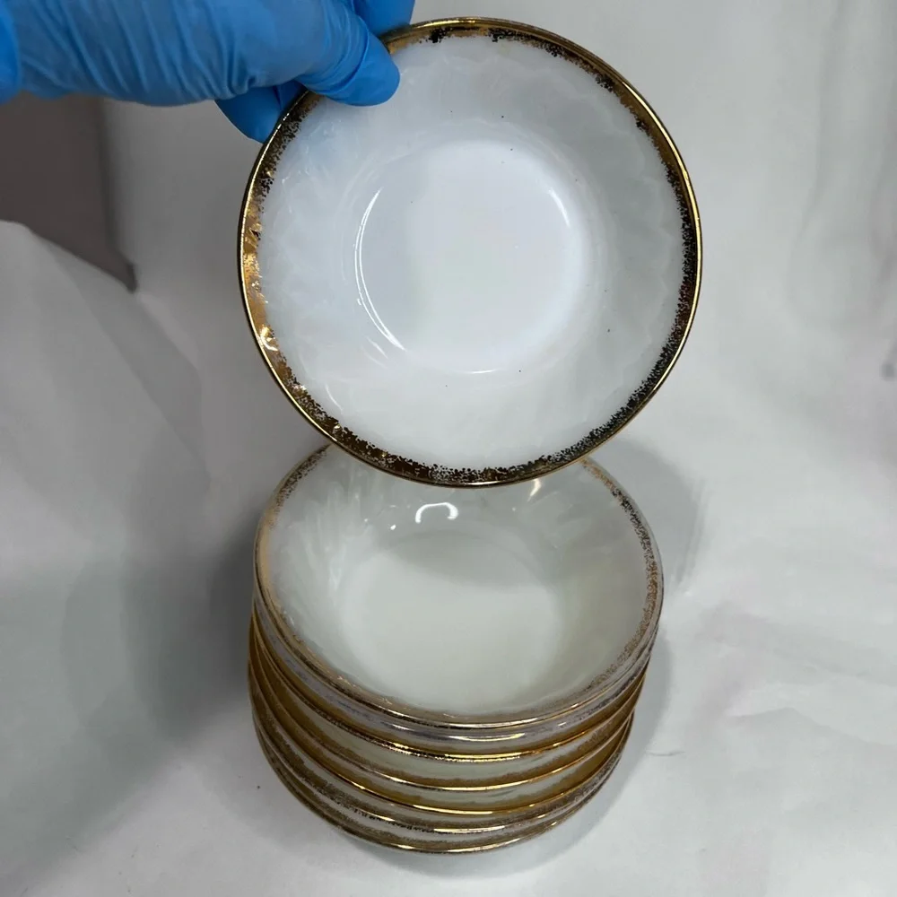 Vintage Fire-King Milk Glass Berry Bowls Set of 8 Gold Trim Swirl USA